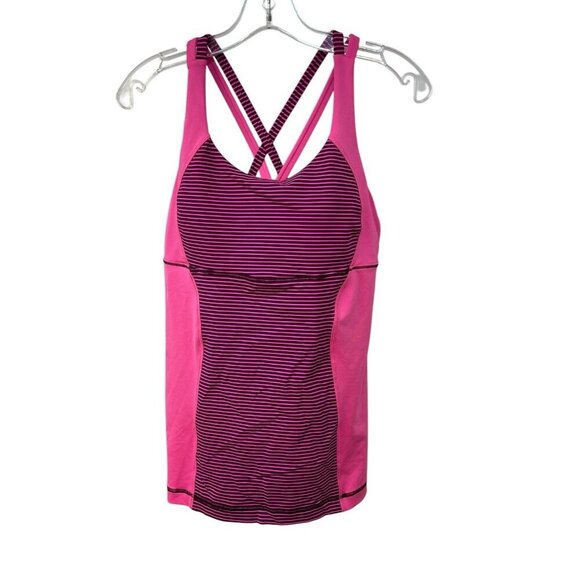Lululemon Racerback Tank Top Womens 8 Shelf Bra Pink Black Stripes - Picture 2 of 5